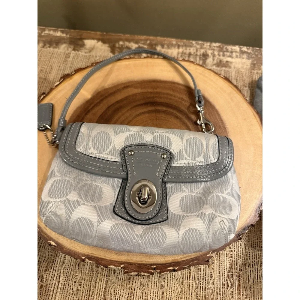 Coach Y2K Rare Grey Signature Fabric Leather Turnlock Mini Bag Wristlet
